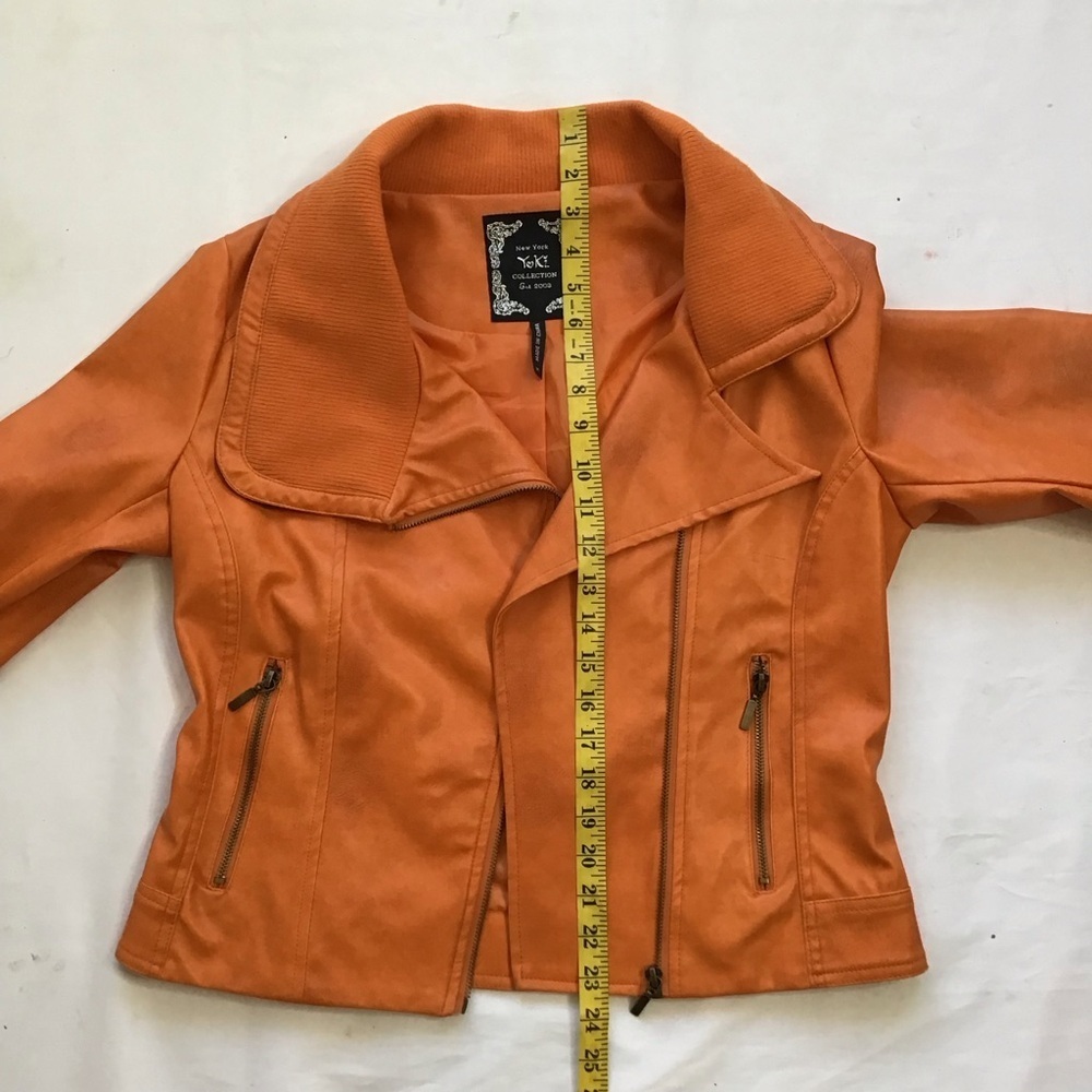 YOKI COLLECTION WOMEN ELEGANT VIBRANT ORANGE FAUX LEATHER COLLAR MOTO JACKET M - Picture 9 of 10